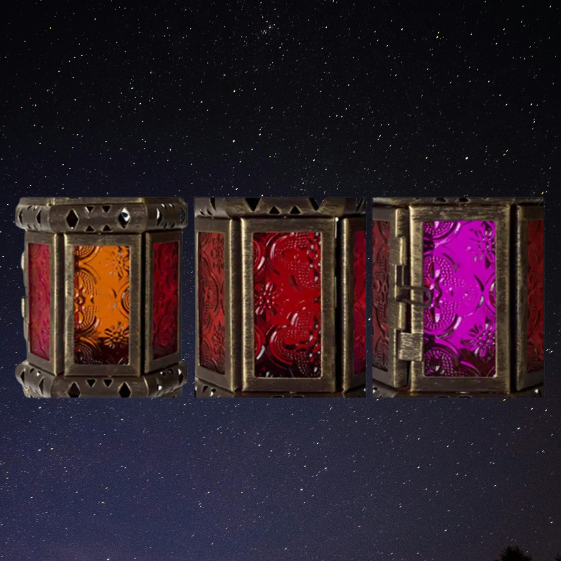 Detailweergave van Hanglamp Baalbek met glas in oranje, rood en paars onder verschillend licht – zichtbaar drielaagse kleurwerking