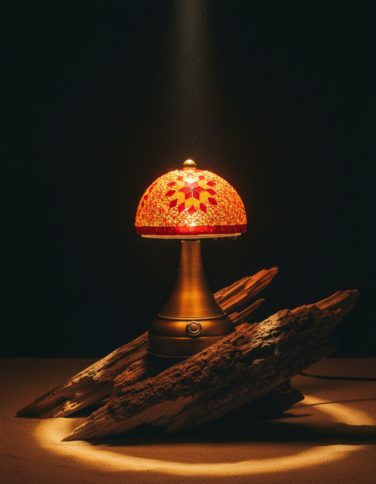 Tafellamp Mushroom rood mozaieklamp op houtstuk met warme lichtgloed