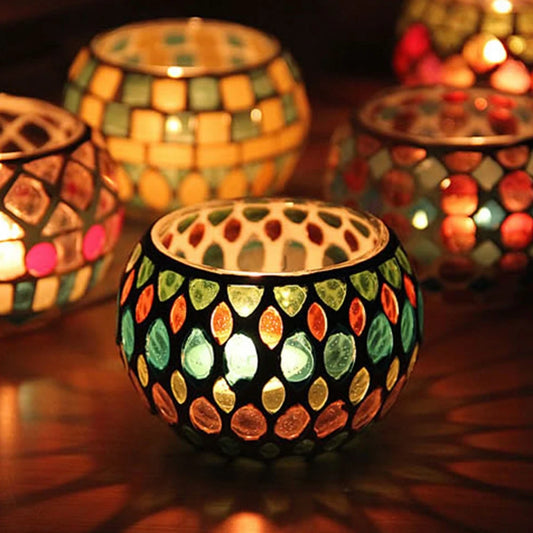 Moroccan Mosaic Glass Candle Holder Romantic Candlelight Dinner Candlestick Home Tabletop Decoration