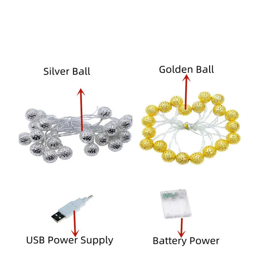 3M 5M 10M  Moroccan Silver Metal  Balls LED Fairy String Lights Battery USB Operated Wedding Christmas Outdoor Room Garland Deco