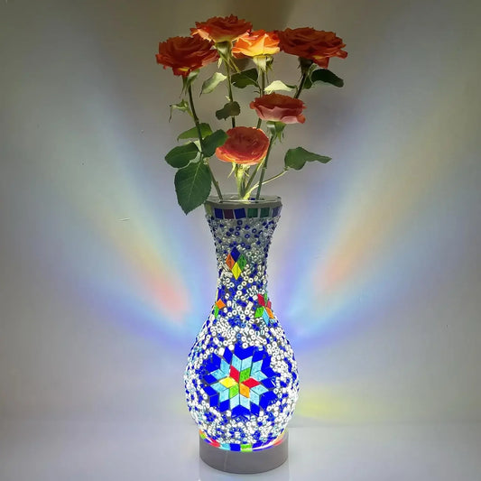 Mosaic Vase Lamp, Turkish Moroccan Table Lamp,Colorful Handmade Glass Vase with Wood Base for Flowers, USB Charge Decor Light