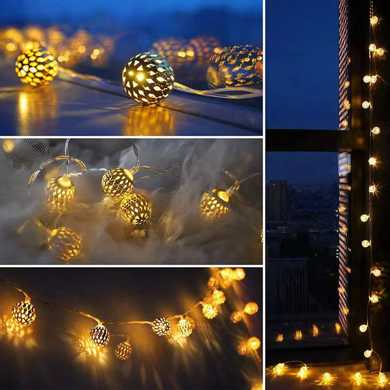 3M 5M 10M  Moroccan Silver Metal  Balls LED Fairy String Lights Battery USB Operated Wedding Christmas Outdoor Room Garland Deco