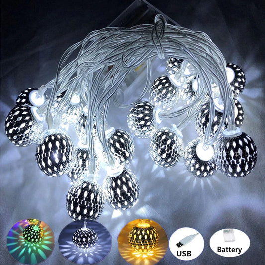 3M 5M 10M  Moroccan Silver Metal  Balls LED Fairy String Lights Battery USB Operated Wedding Christmas Outdoor Room Garland Deco
