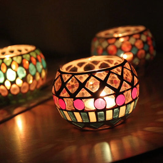 Moroccan Mosaic Glass Candle Holder Romantic Candlelight Dinner Candlestick Home Tabletop Decoration