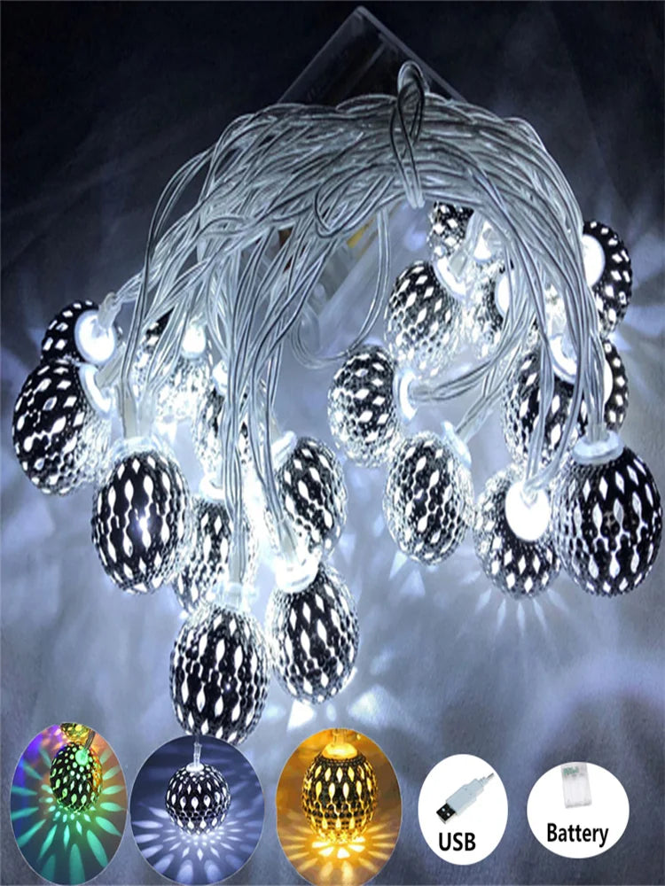 Iron Moroccan Ball String Lights – Boho LED Decorative Lights for Indoor & Outdoor Use