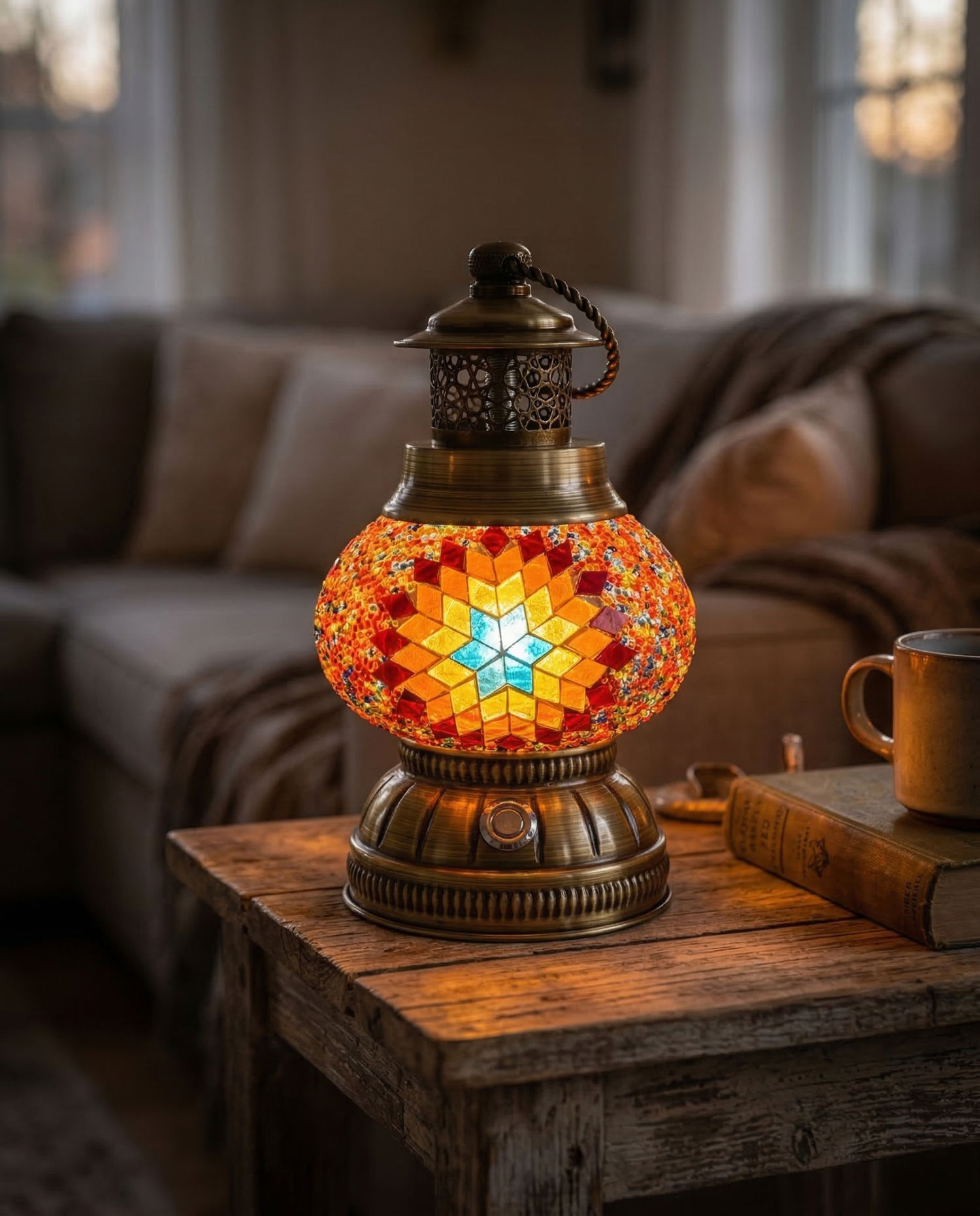 Handgemaakte oosterse Boletus mozaïeklamp kleur mix 24 cm met warm LED licht, draadloos en oplaadbaar