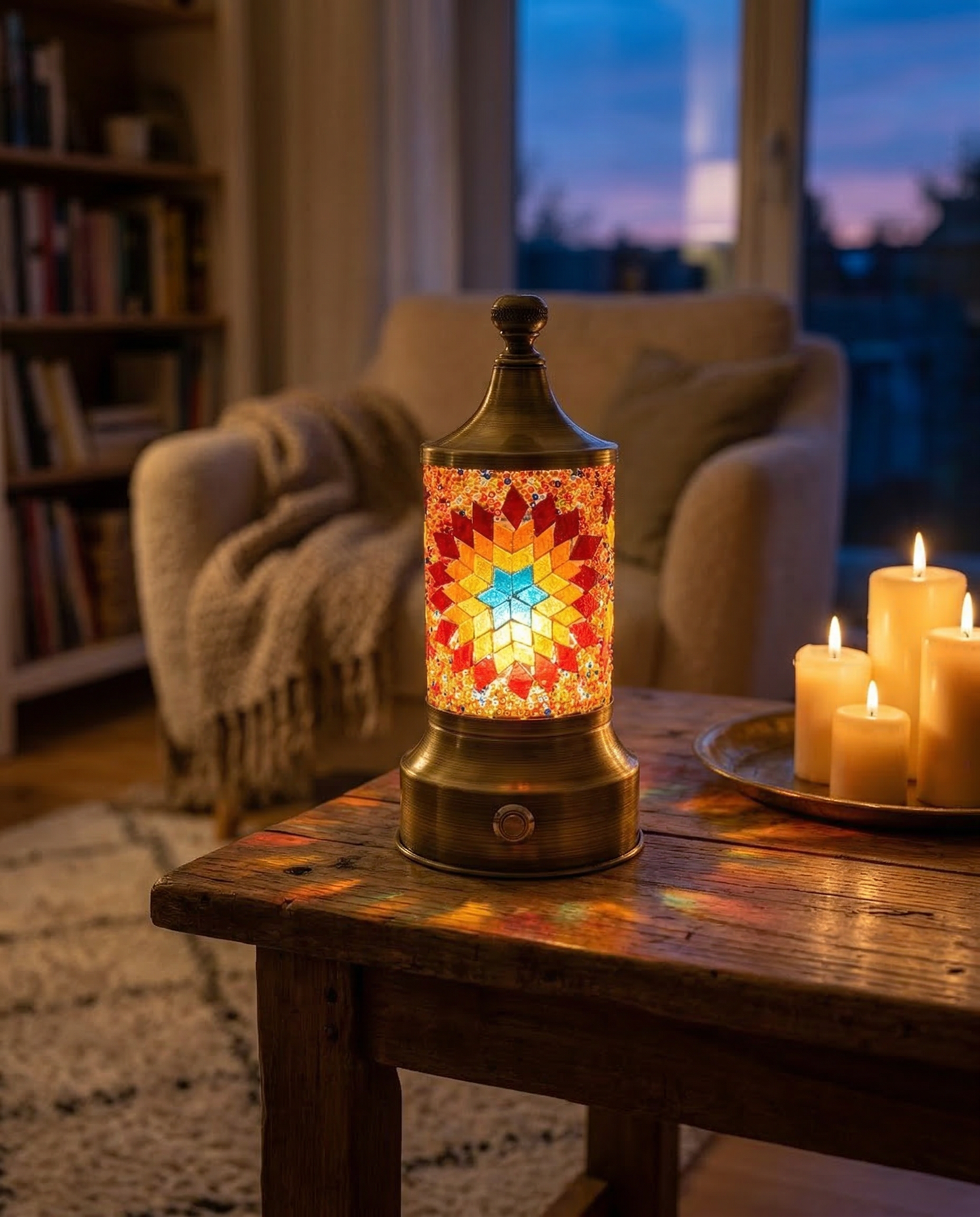 Handgemaakte oosterse Morchella mozaïeklamp kleur mix 26,5 cm met warm LED licht, draadloos en oplaadbaar