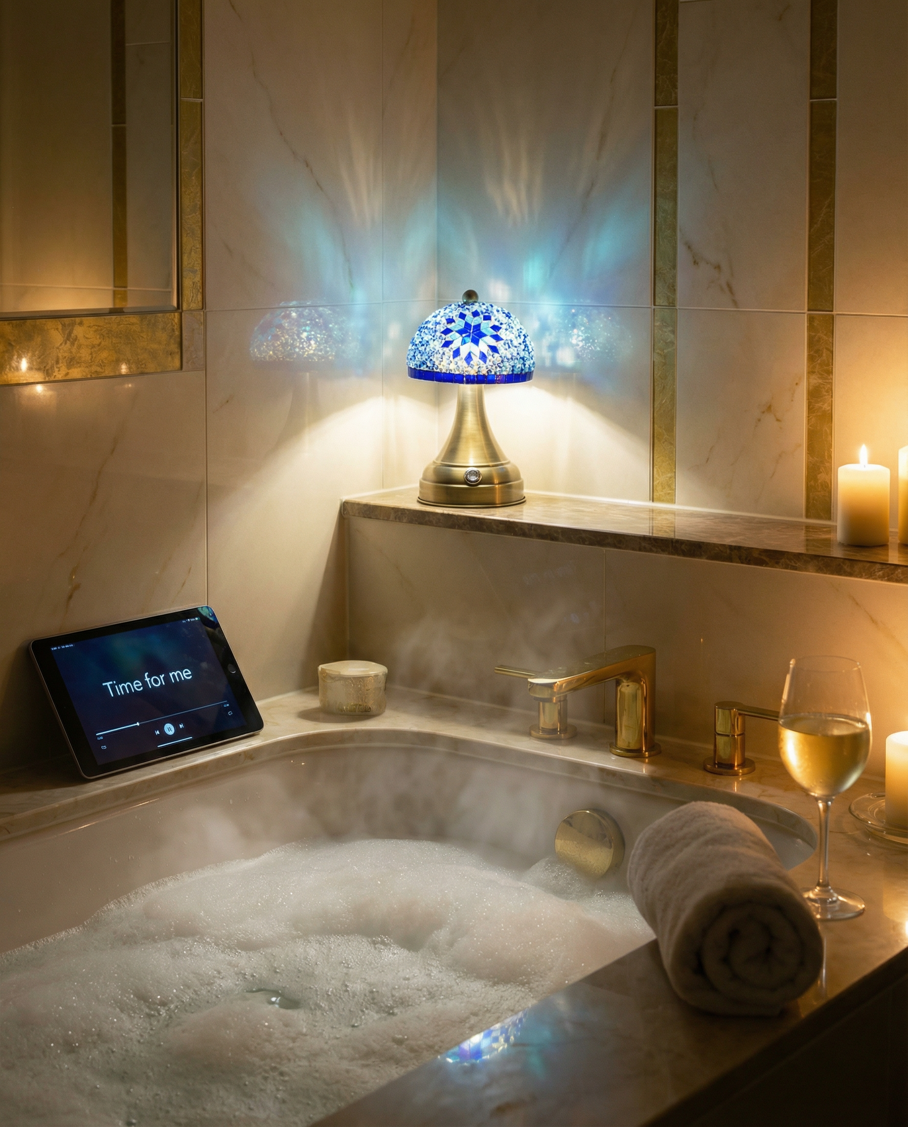 Tafellamp Mushroom blauw mozaieklamp op badrand met bubbels en glas wijn