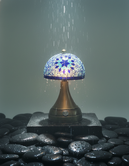 Tafellamp Mushroom blauw mozaieklamp op natte stenen met vallende waterdruppels