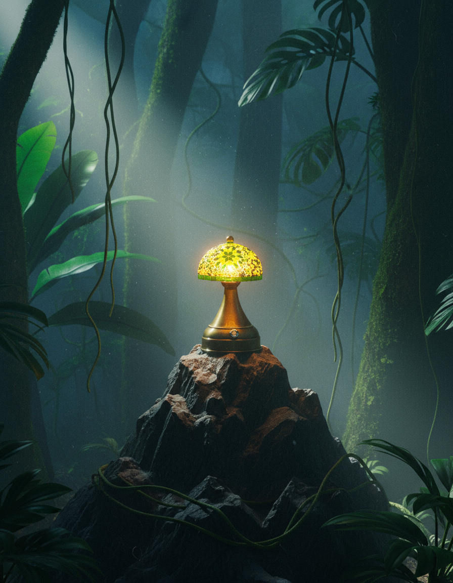 Tafellamp Mushroom groen mozaieklamp op rots met zachte groene lichtgloed