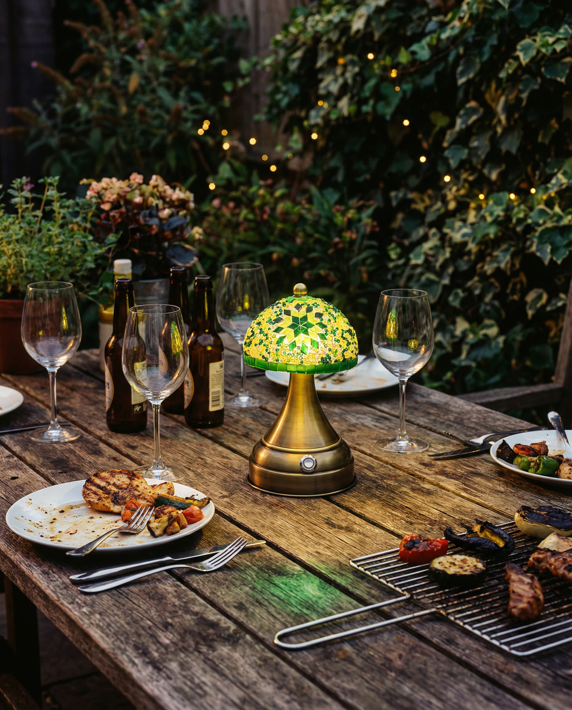 Tafellamp Mushroom groen mozaieklamp op buitentafel na een bbq