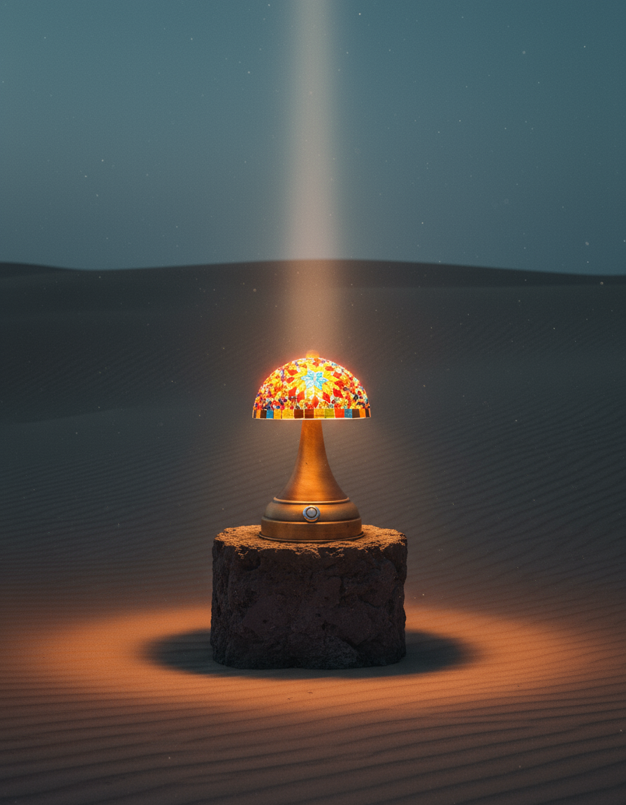 Tafellamp Mushroom multicolor mozaieklamp in duinlandschap met zachte lichtgloed