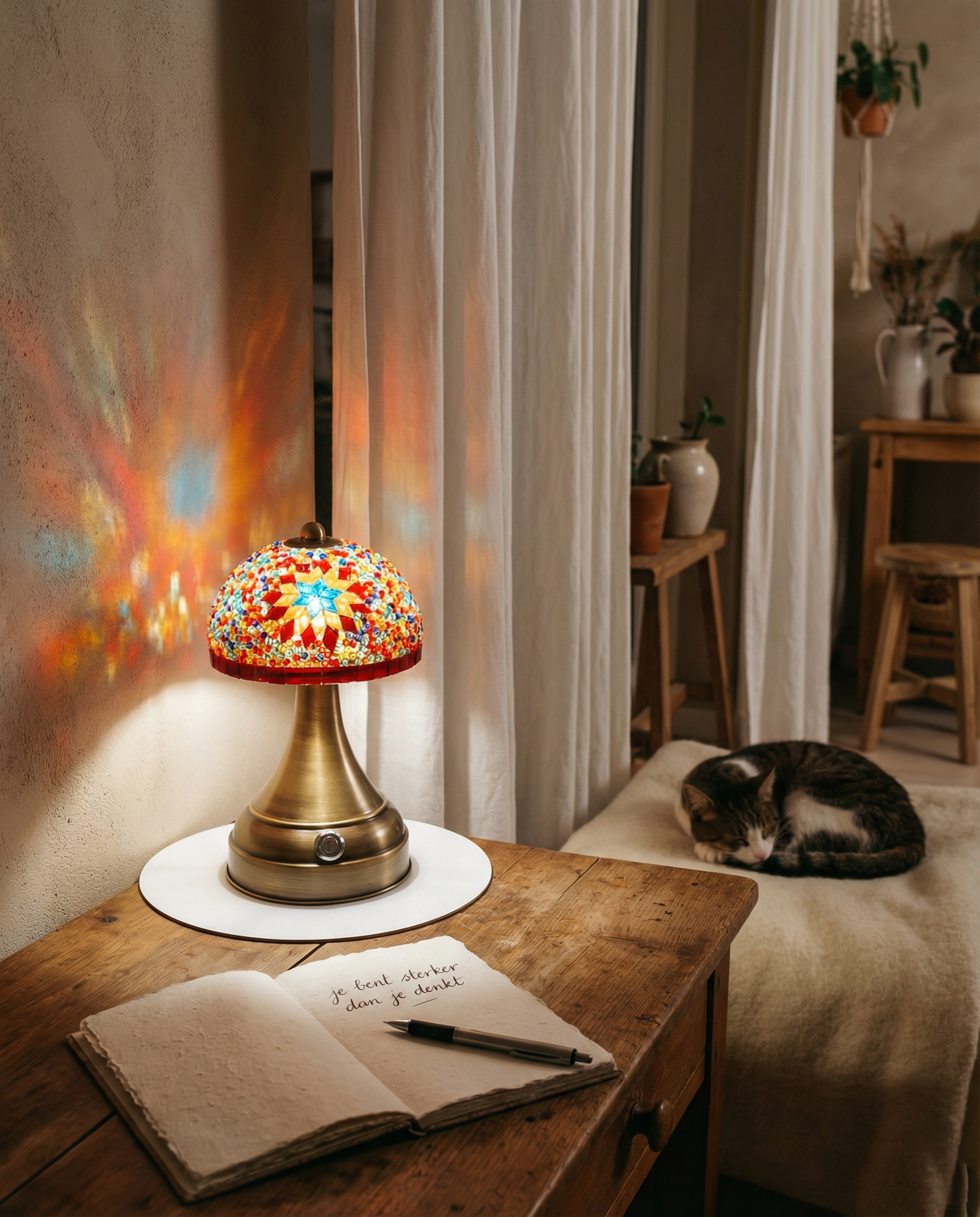 Tafellamp Mushroom multicolor mozaieklamp op houten tafel met warme lichtreflecties en slapende kat