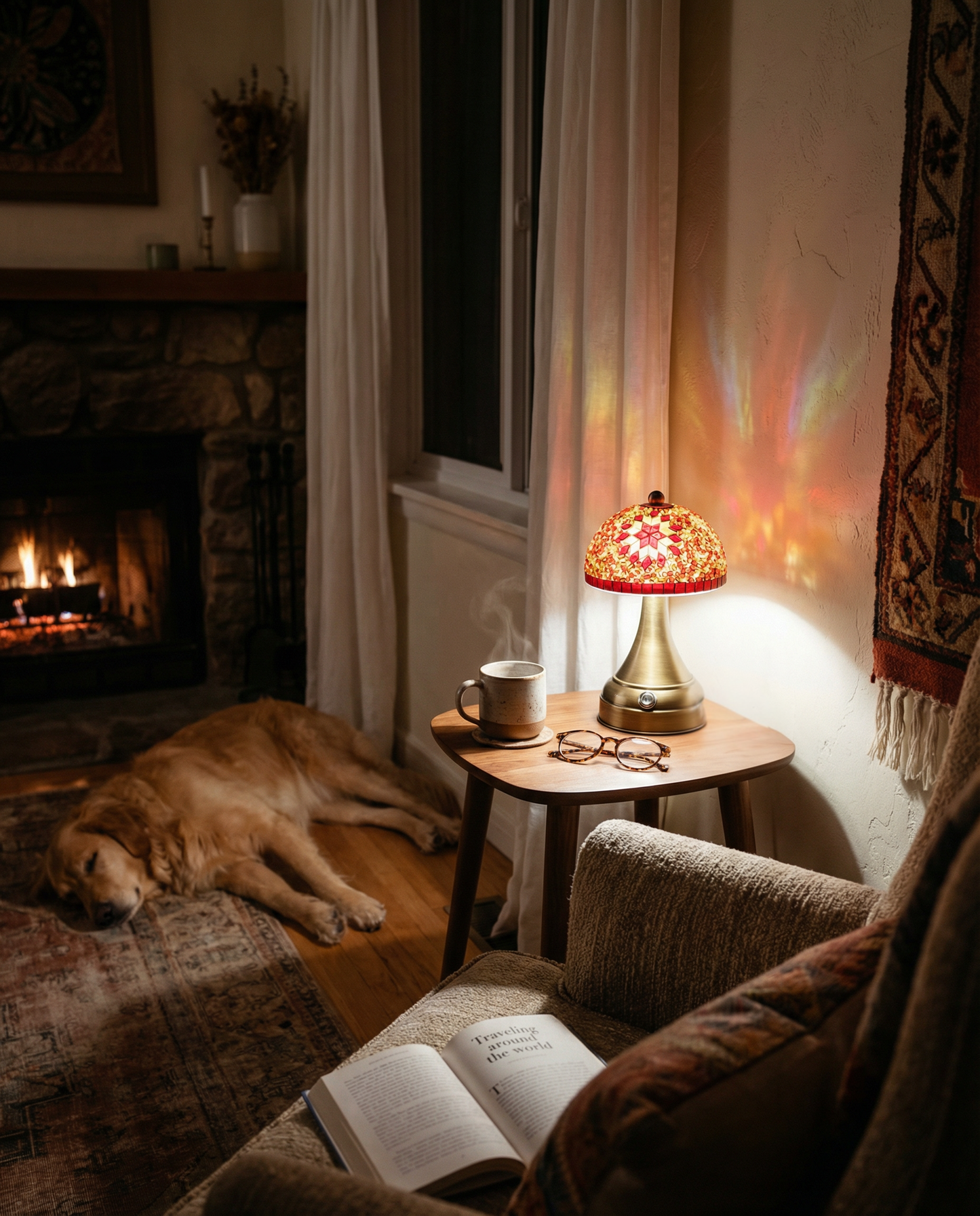 Tafellamp Mushroom rood mozaieklamp naast fauteuil met slapende hond en haardvuur