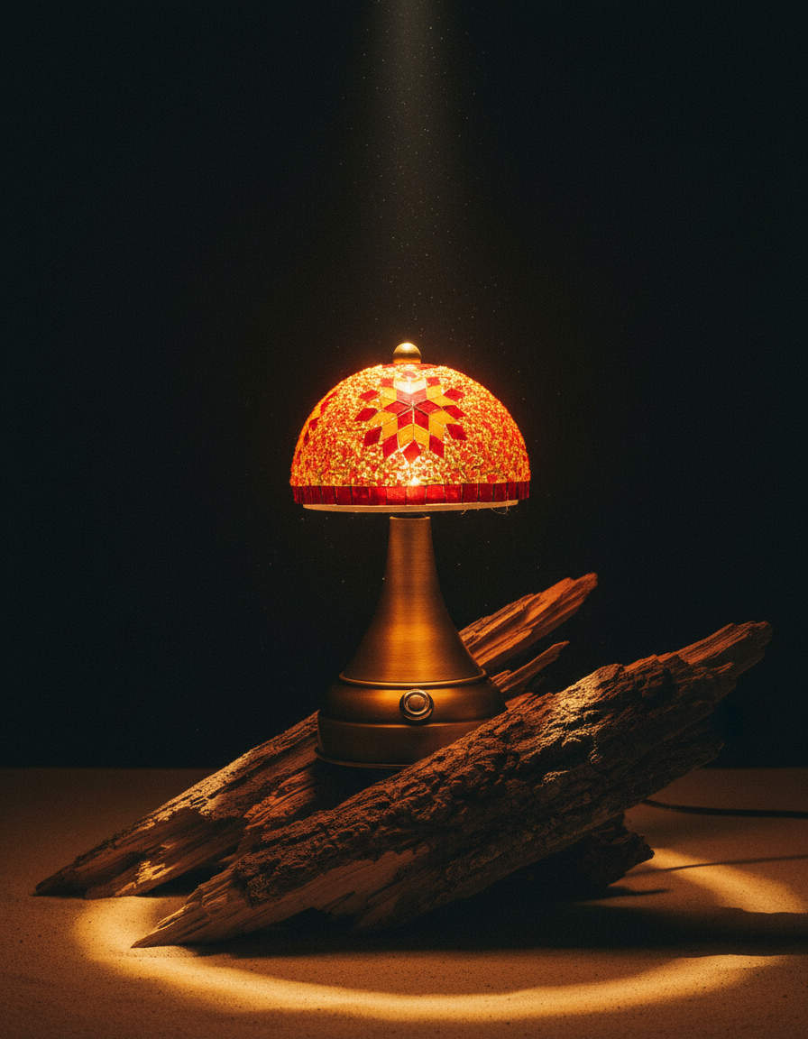 Tafellamp Mushroom rood mozaieklamp op houtstuk met warme lichtgloed