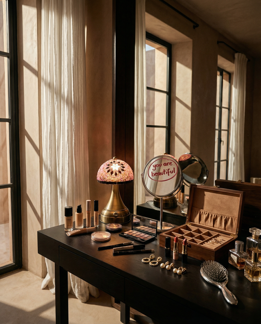 Tafellamp Mushroom roze mozaieklamp op makeuptafel met beautyproducten