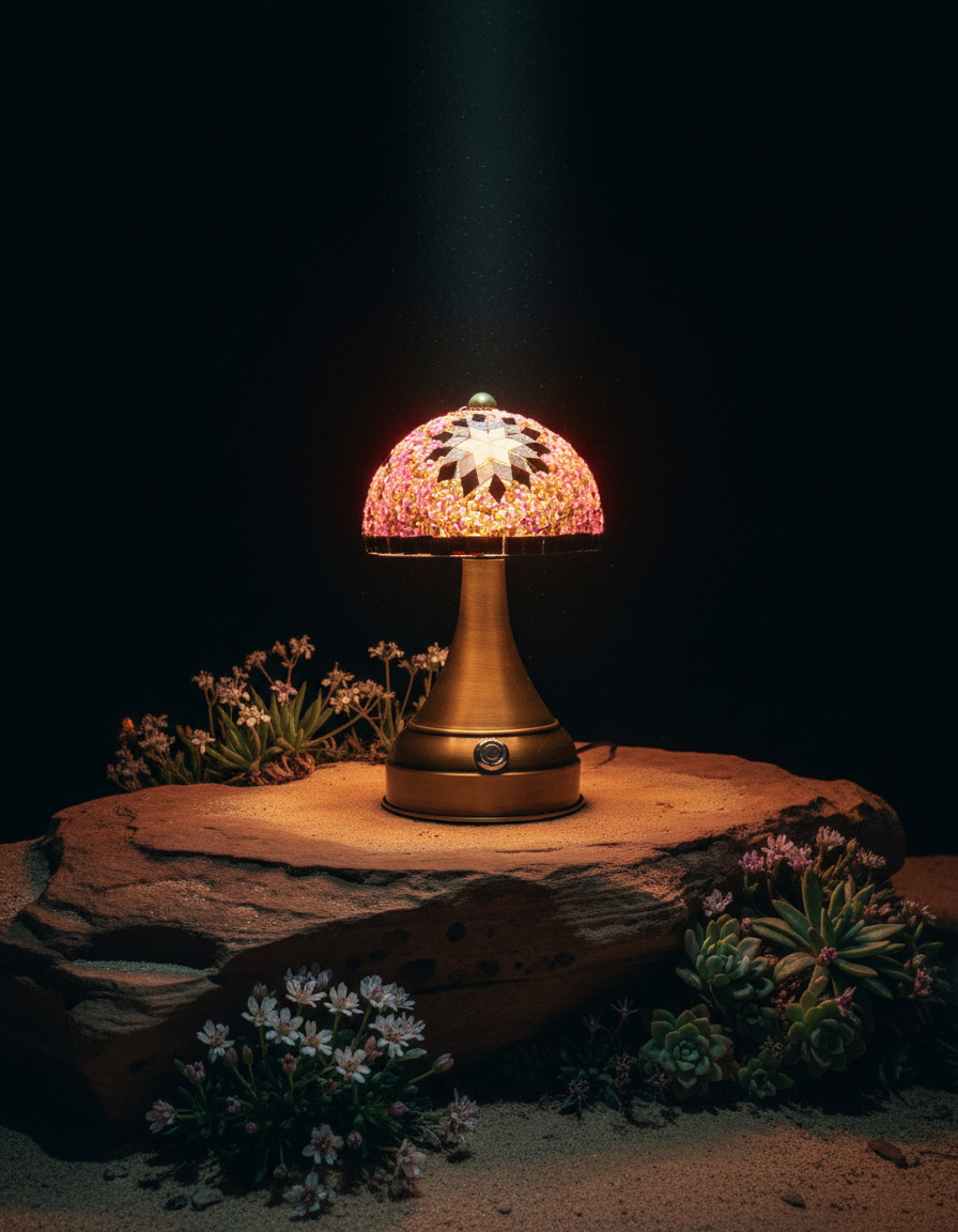 Tafellamp Mushroom roze mozaieklamp op zandrots met zachte lichtgloed